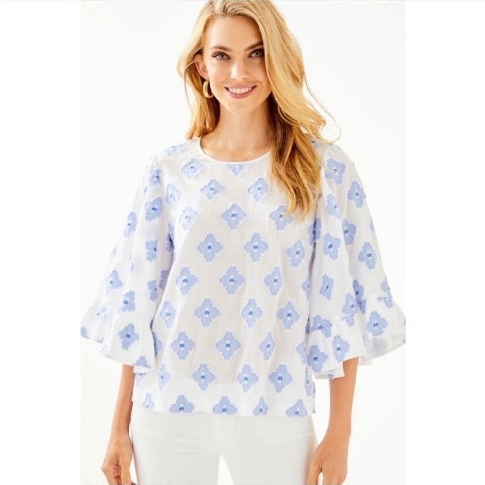 Lilly Pulitzer Francis Blouse Medallion‎ Jacquard Blue White Size XS